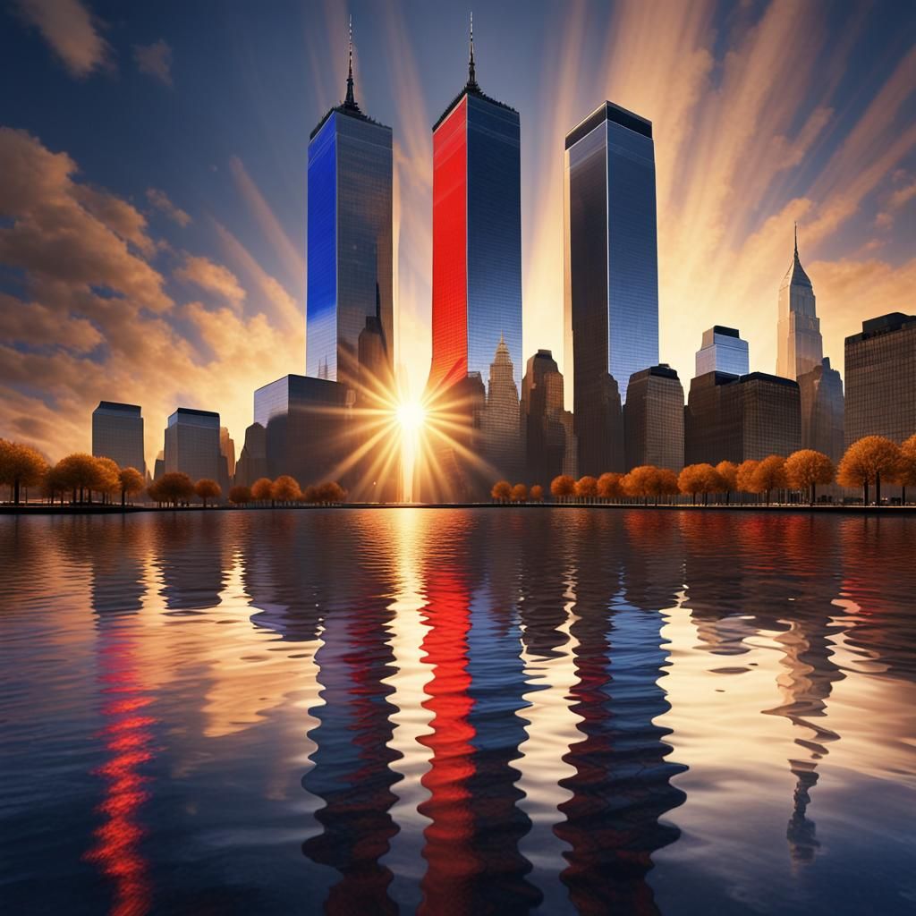 Patriotic Memorial Reflecting Twin Towers: Digital Art