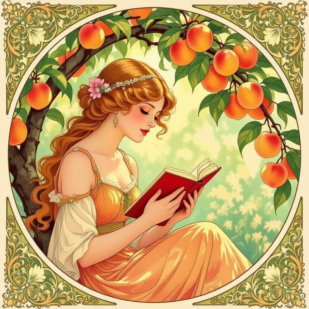 Art Nouveau Woman Reading Under Peach Tree