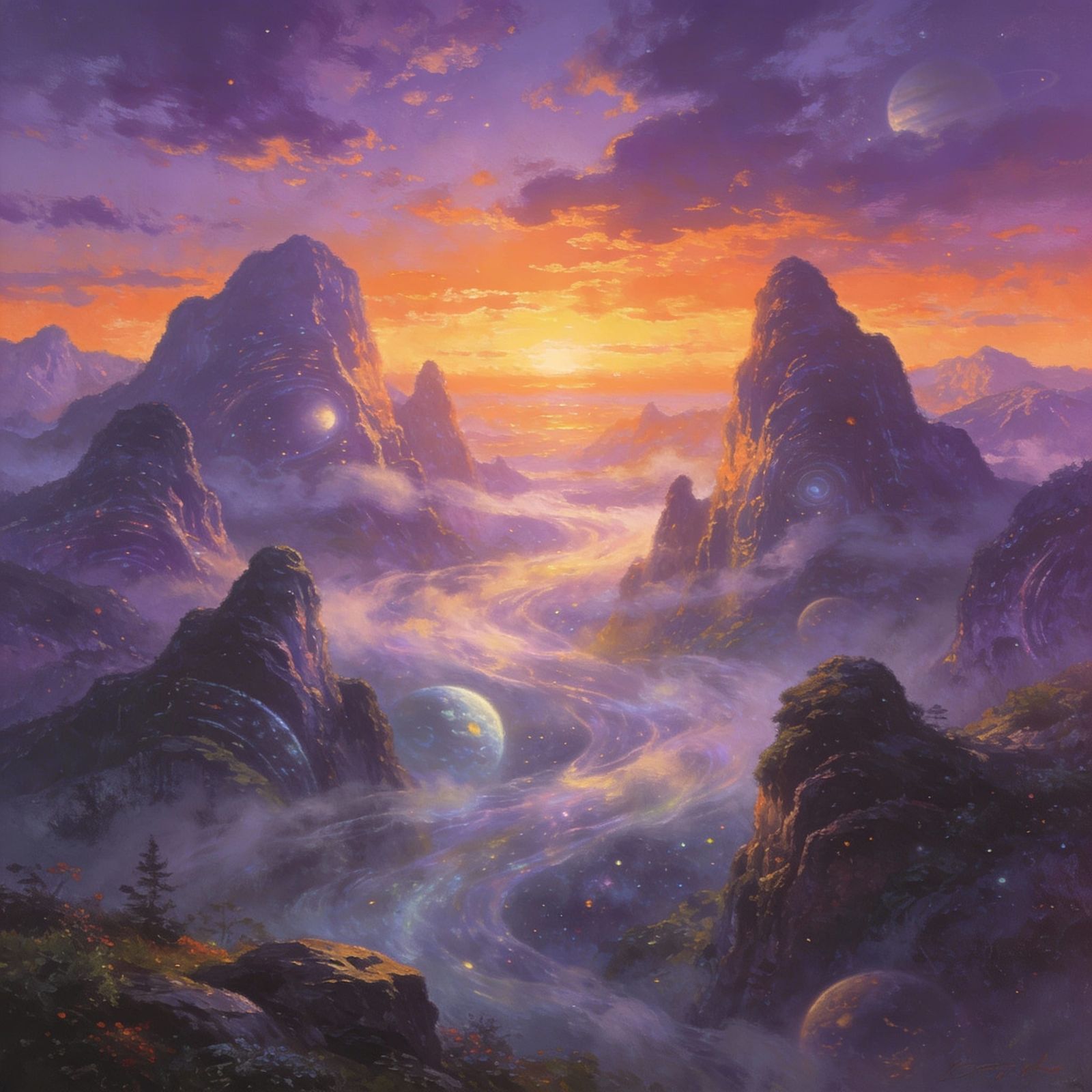 Alien Mountain Vista at Sunset in Luminous Style