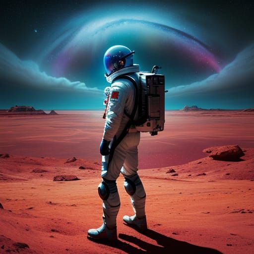 Astronaut Exploring Alien Planet with Nebulae Sky