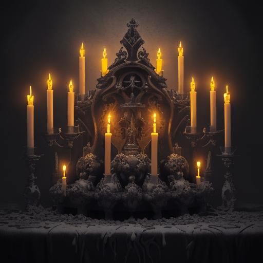 Mysterious Ossuary Interior with Candles, Hyperrealistic Art