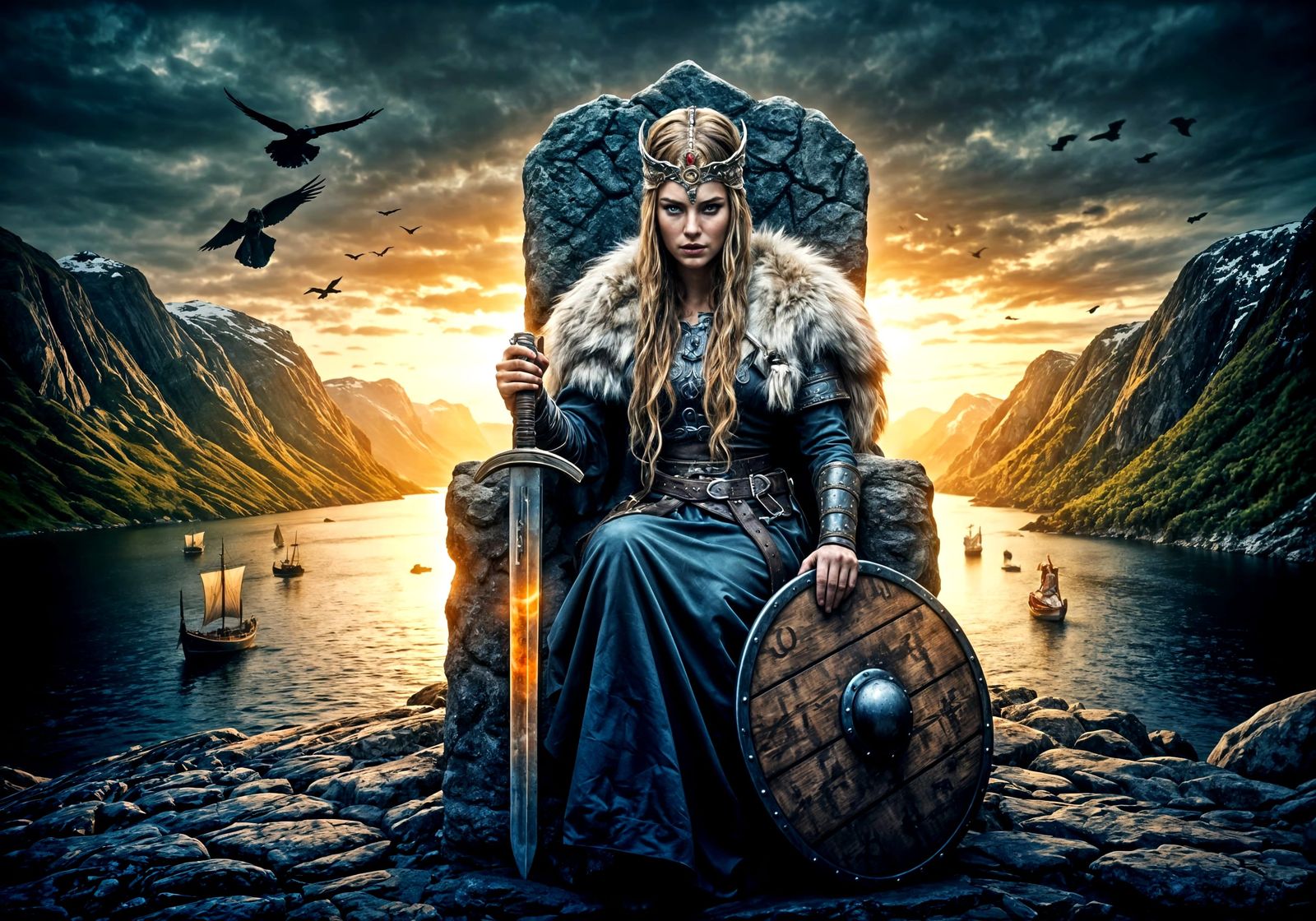 Viking Queen sitting on a stone throne