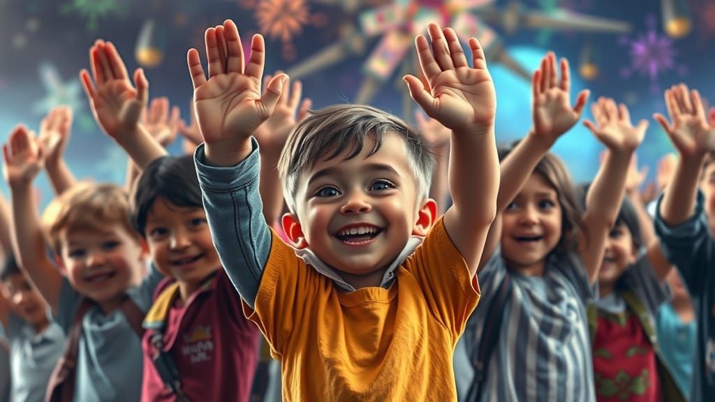 Children Celebrate Vocabulary in Whimsical Fantasy Scene