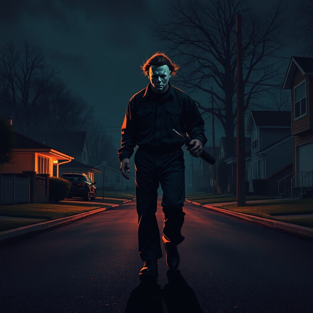 Michael Myers Stalks a Dark Suburban Street