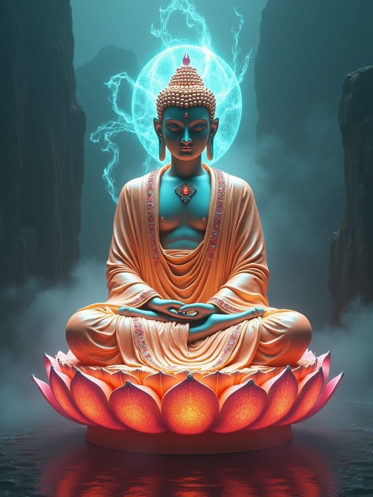Iridescent Alien Buddha Meditating in Dreamlike Landscape