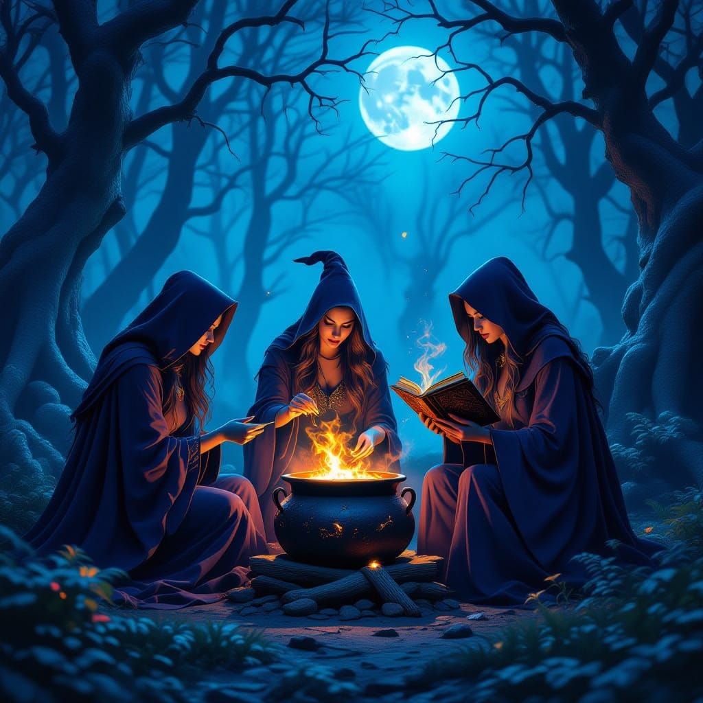 Witches Brew in Ancient Forest - Dark Fantasy Art