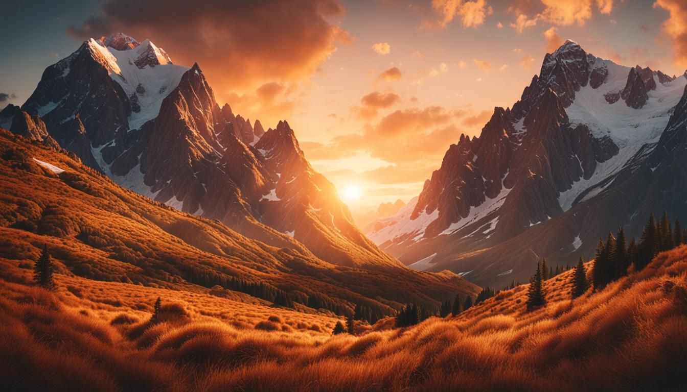 Majestic Mountain Sunset: Realistic Landscape Photography