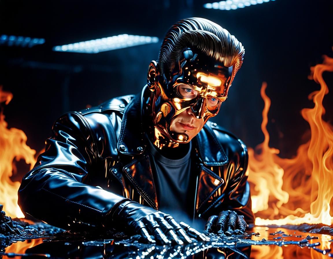 T-1000 Liquid Metal Transformation in Photorealistic Style