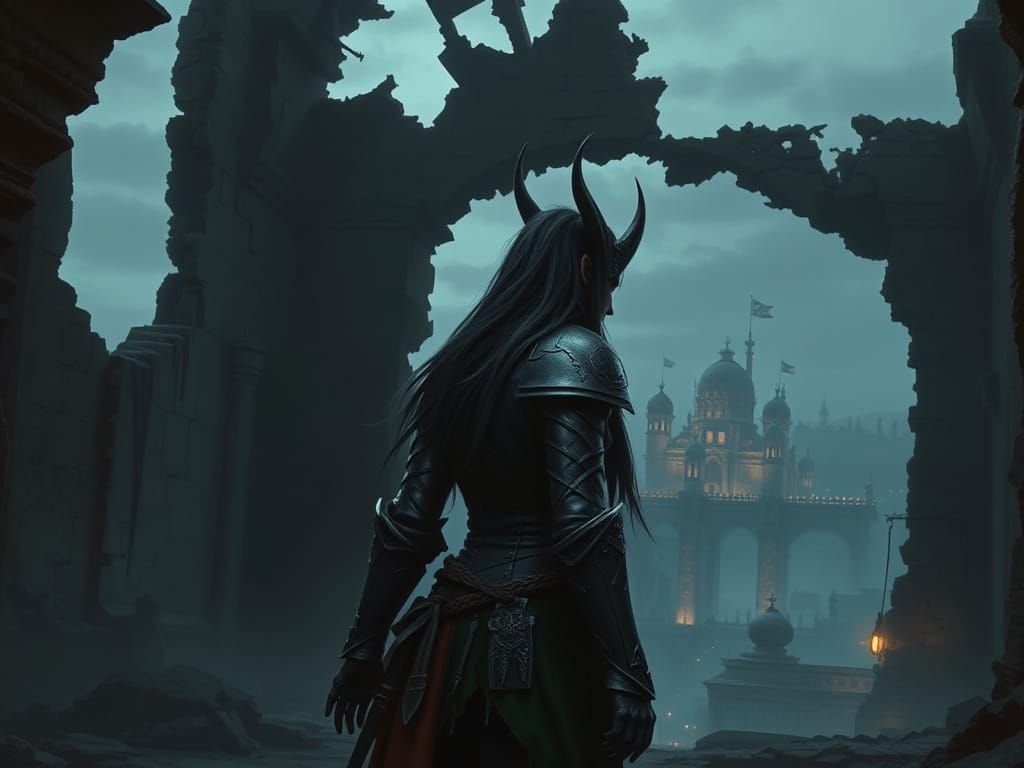 Drow Warrior Watches Over Ruined Temple in Moonlit Cityscape