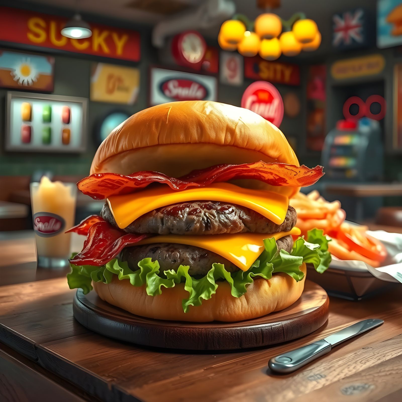 Retro-Futuristic Fast Food Masterpiece with Golden-Brown Bur...