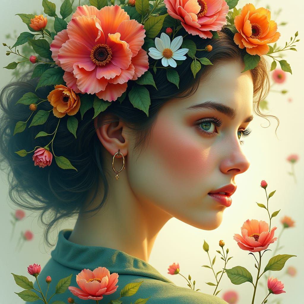 Art Nouveau Woman with Floral Double Exposure