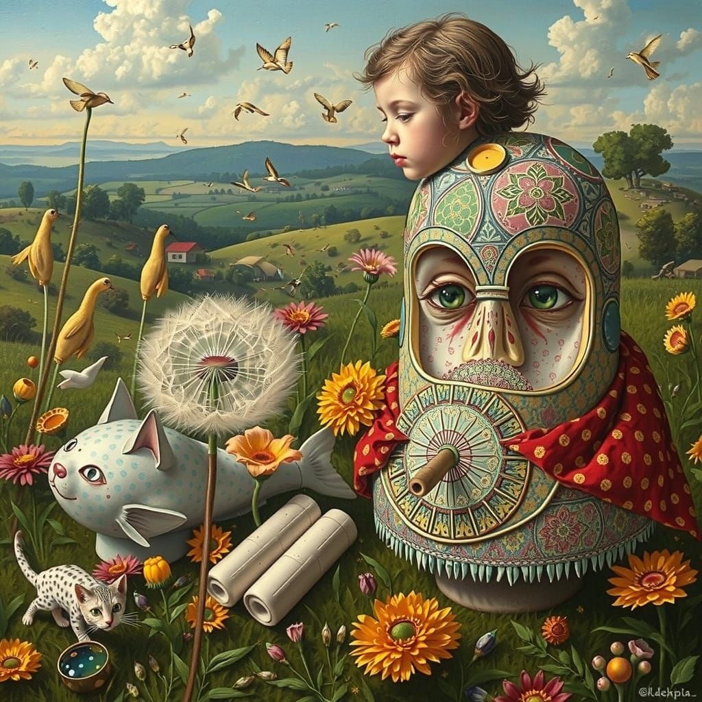 Dürer-esque Painting of Dandelion with Faces and Animals