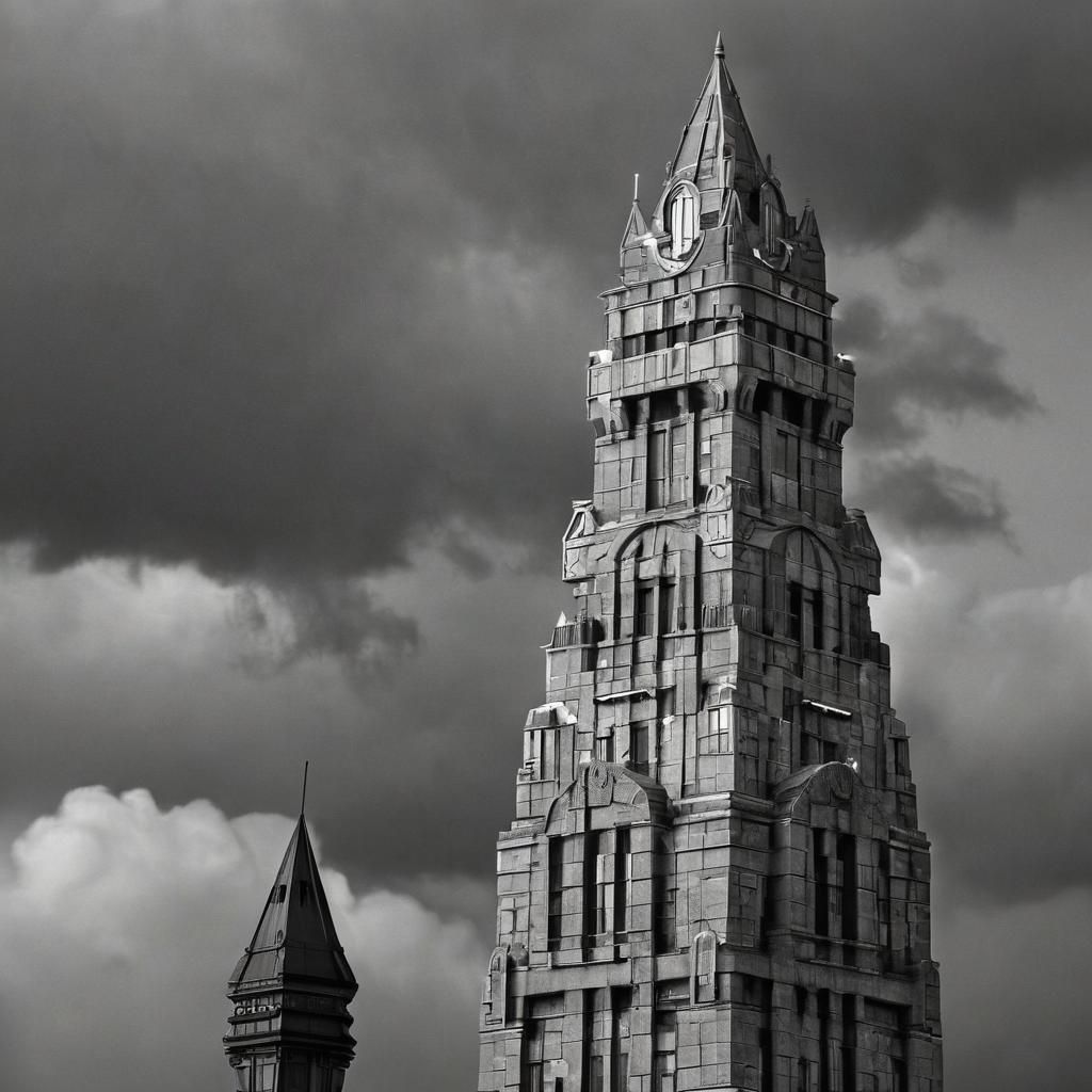 Art Deco Skyscraper Chess Piece in Stormy Weather