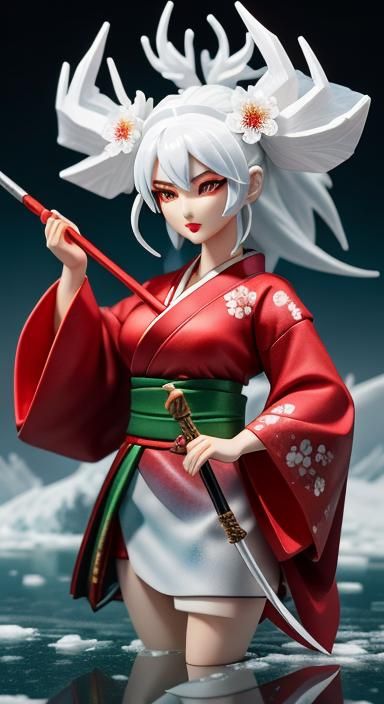 A toy figure of a girl in a red kimono