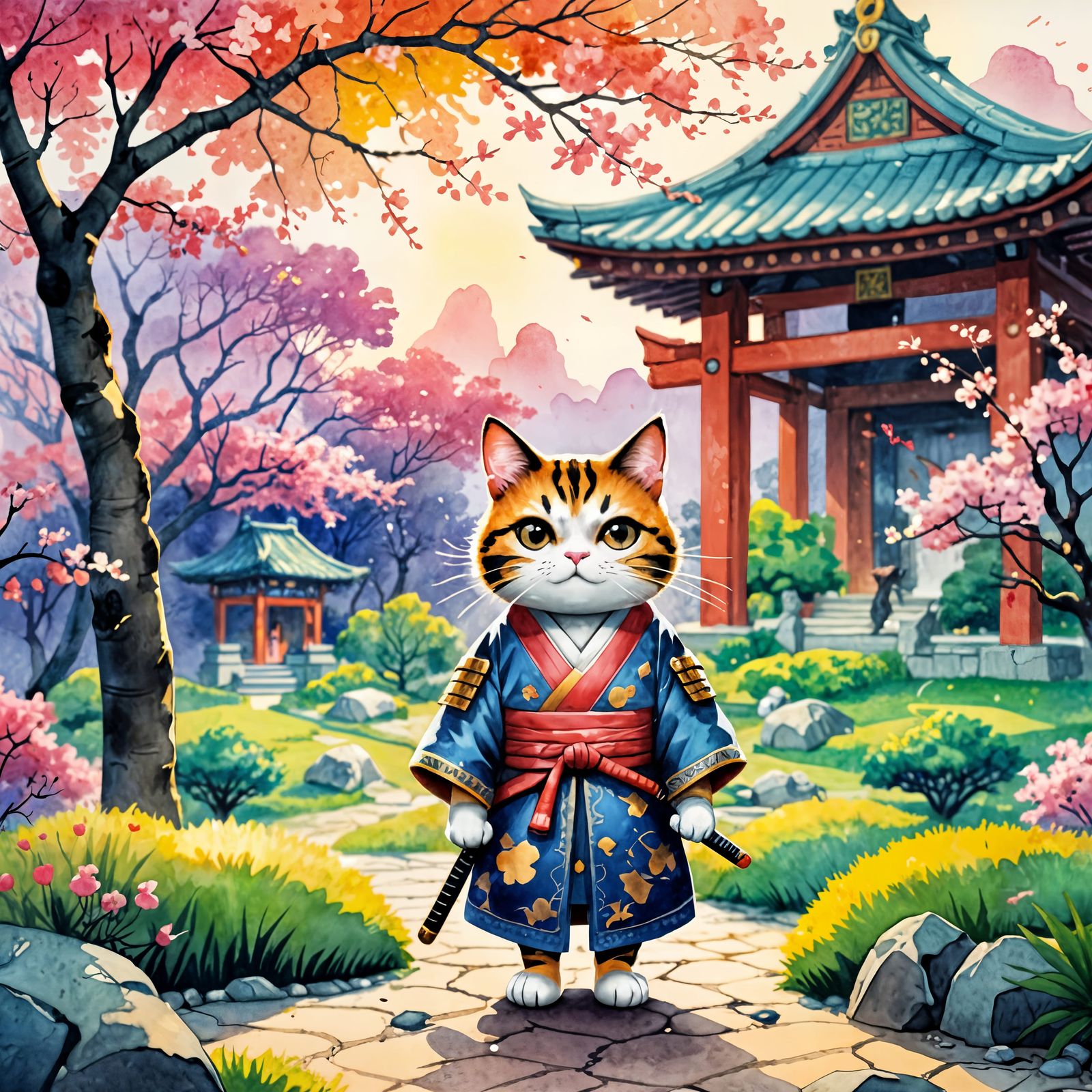 Kawaii Cat Samurai in Watercolor Style