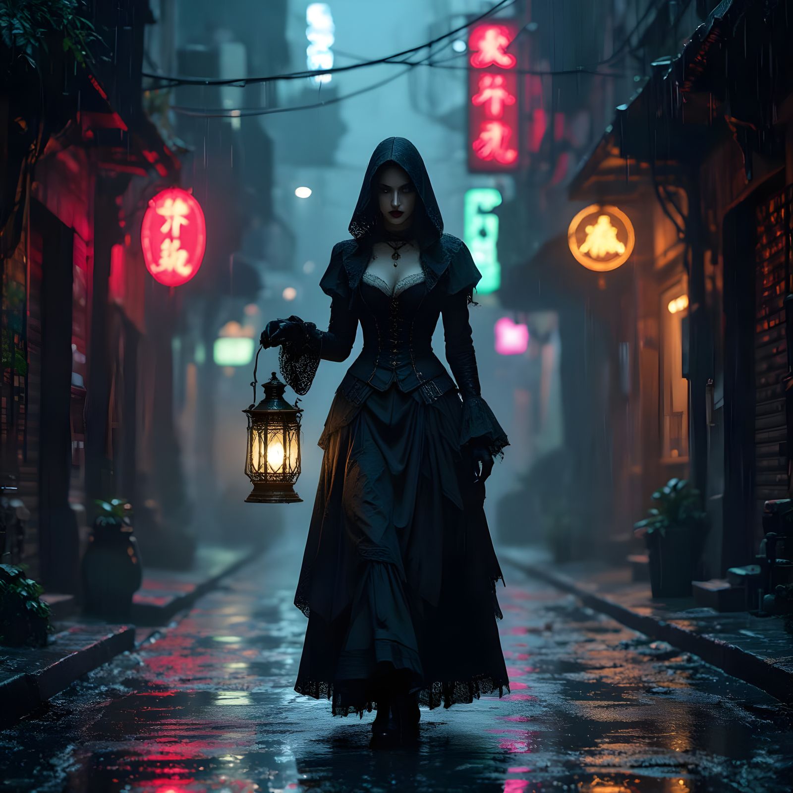 Gothic Woman in Cyberpunk Alleyway with Lantern