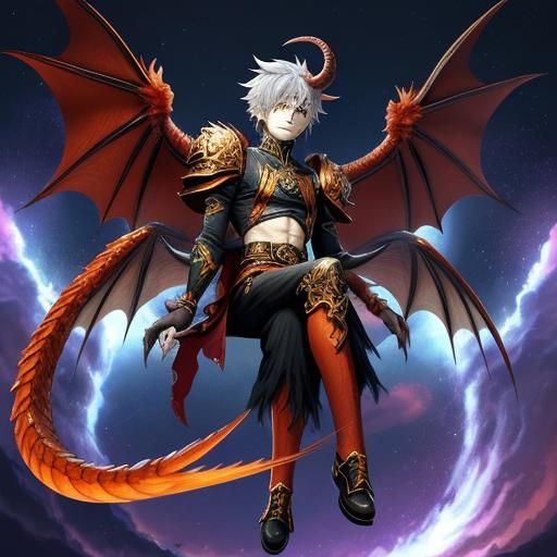 Anime Boy with Dragon Features and Fiery Details