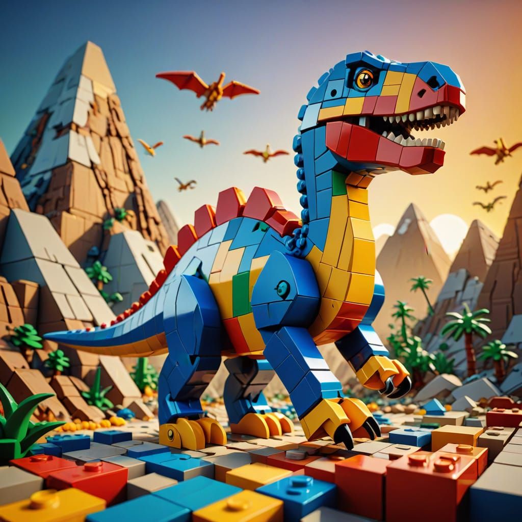 Lego Dinosaur in Jurassic Landscape Pop Art