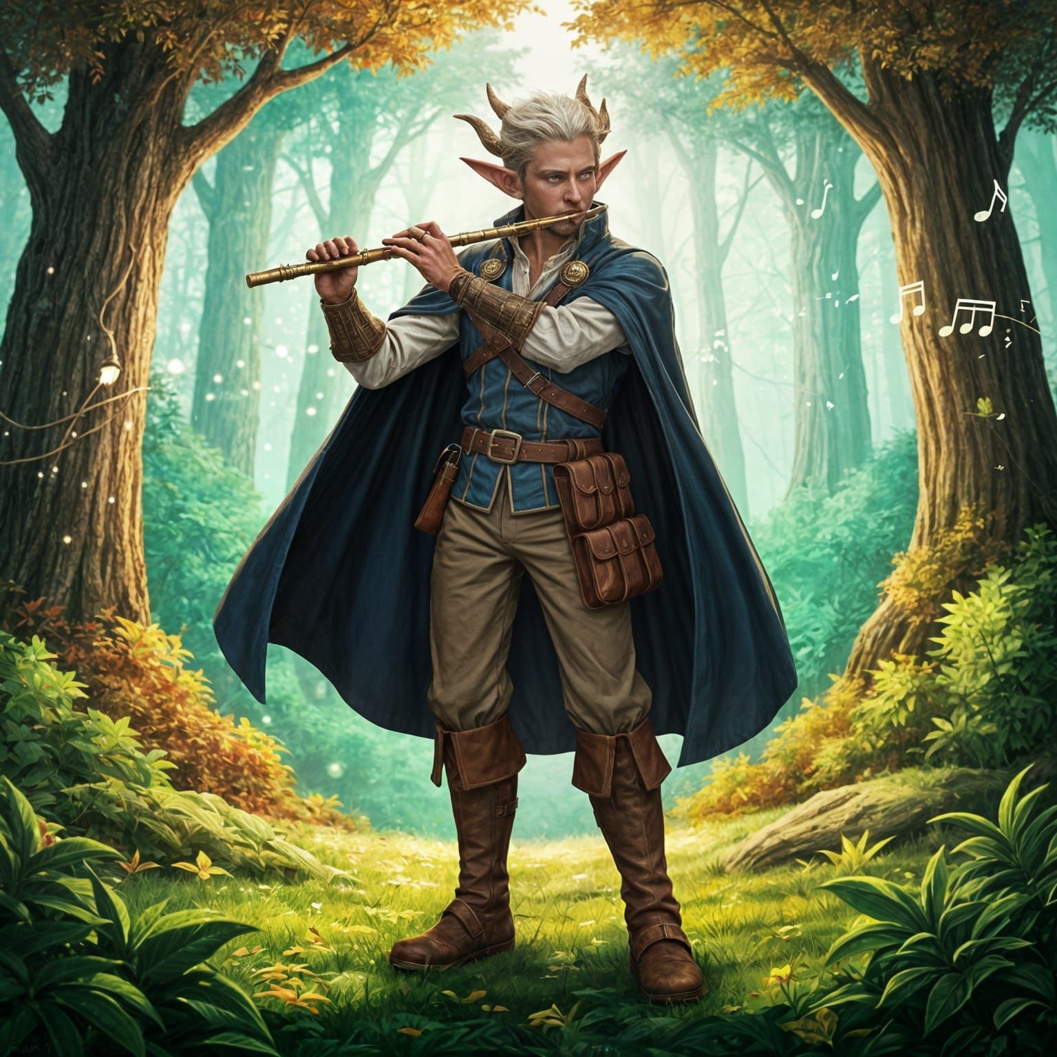 Elven Bard Plays Flute in Enchanted Forest