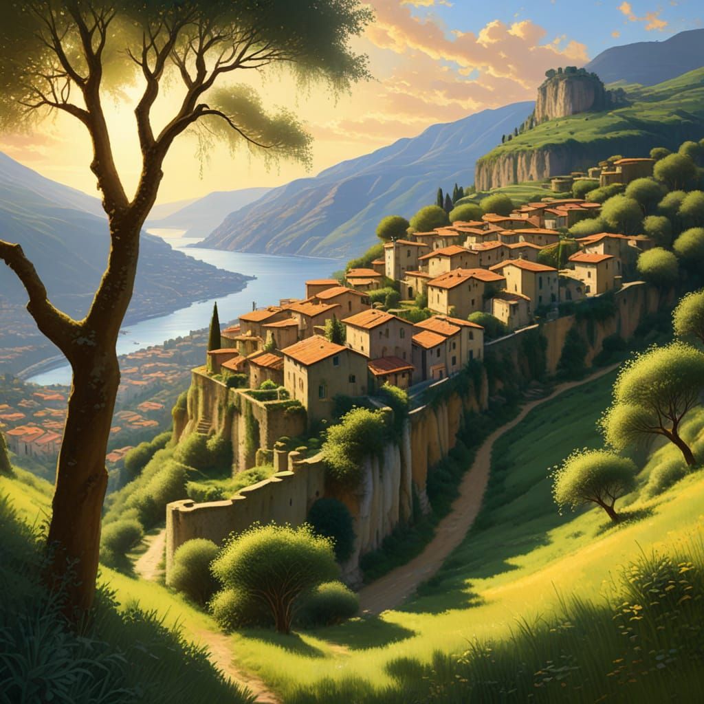 Impressionist Valley with Ancient Mills in Golden Light