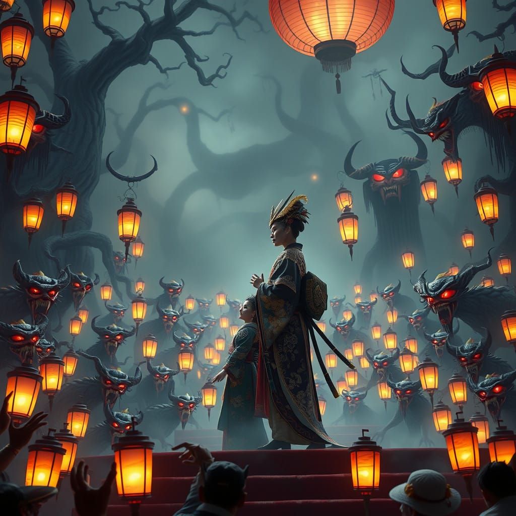 Samurai and Geisha in Haunting Duet with Yokai Demons