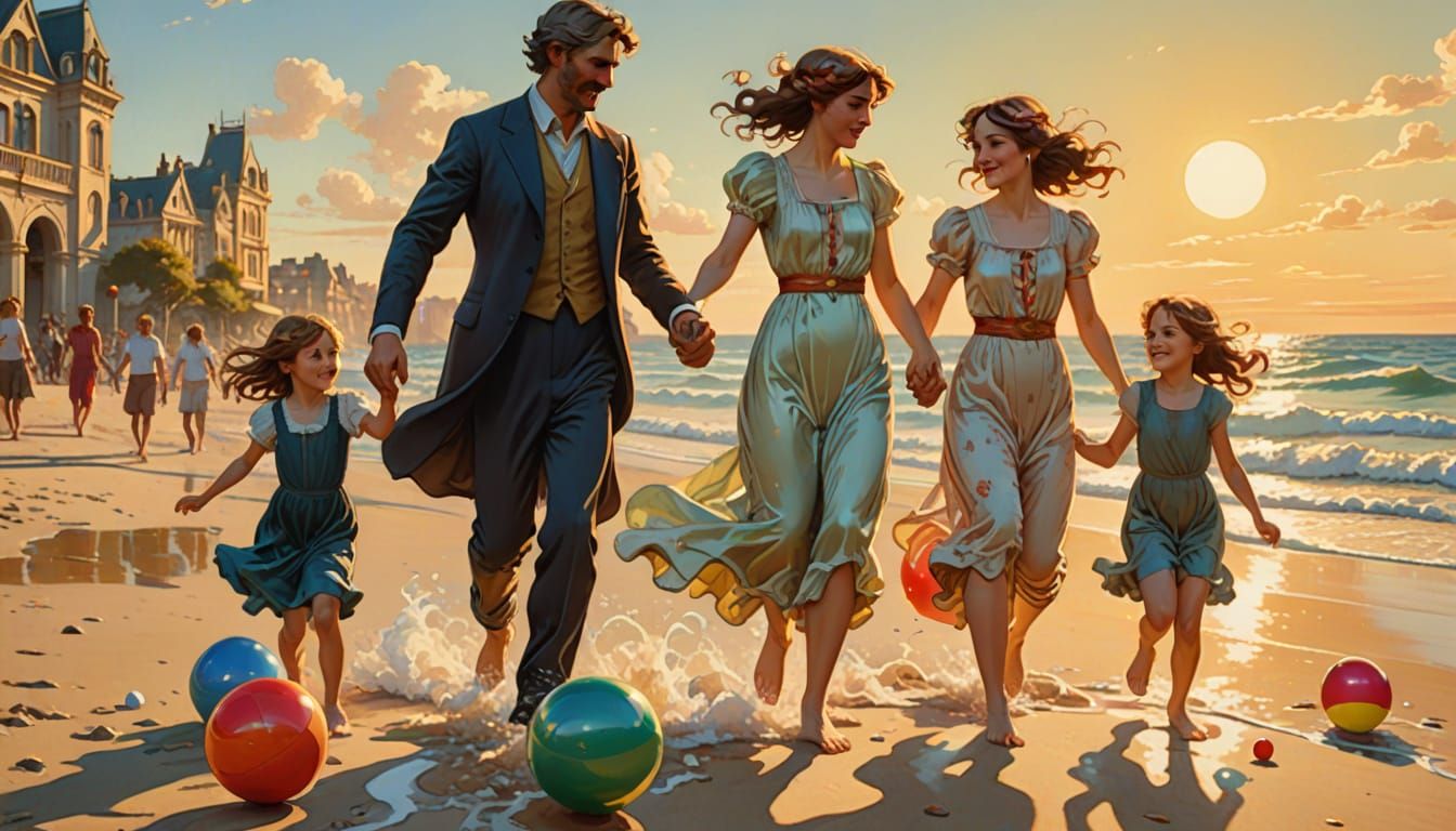 Family Fun on Beach in Art Nouveau Style