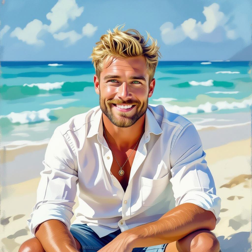 Man Smiling on Beach in Watercolor Neo-Impressionist Style