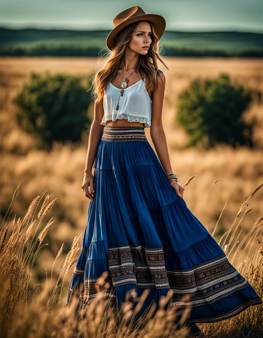 Girl in Blue Maxi Skirt on Plains: Fashion Photo