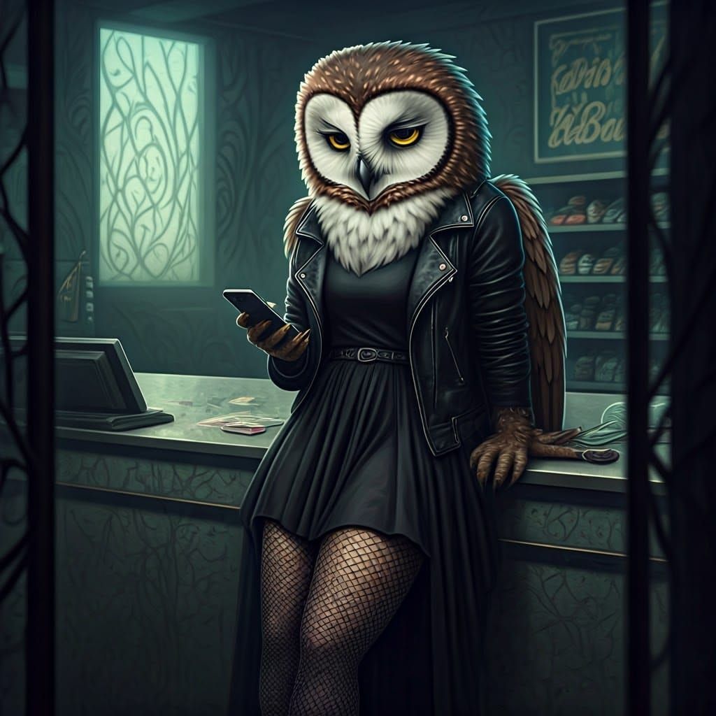 Mysterious Gothic Owl Contemplates Life at a Dull Store Coun...