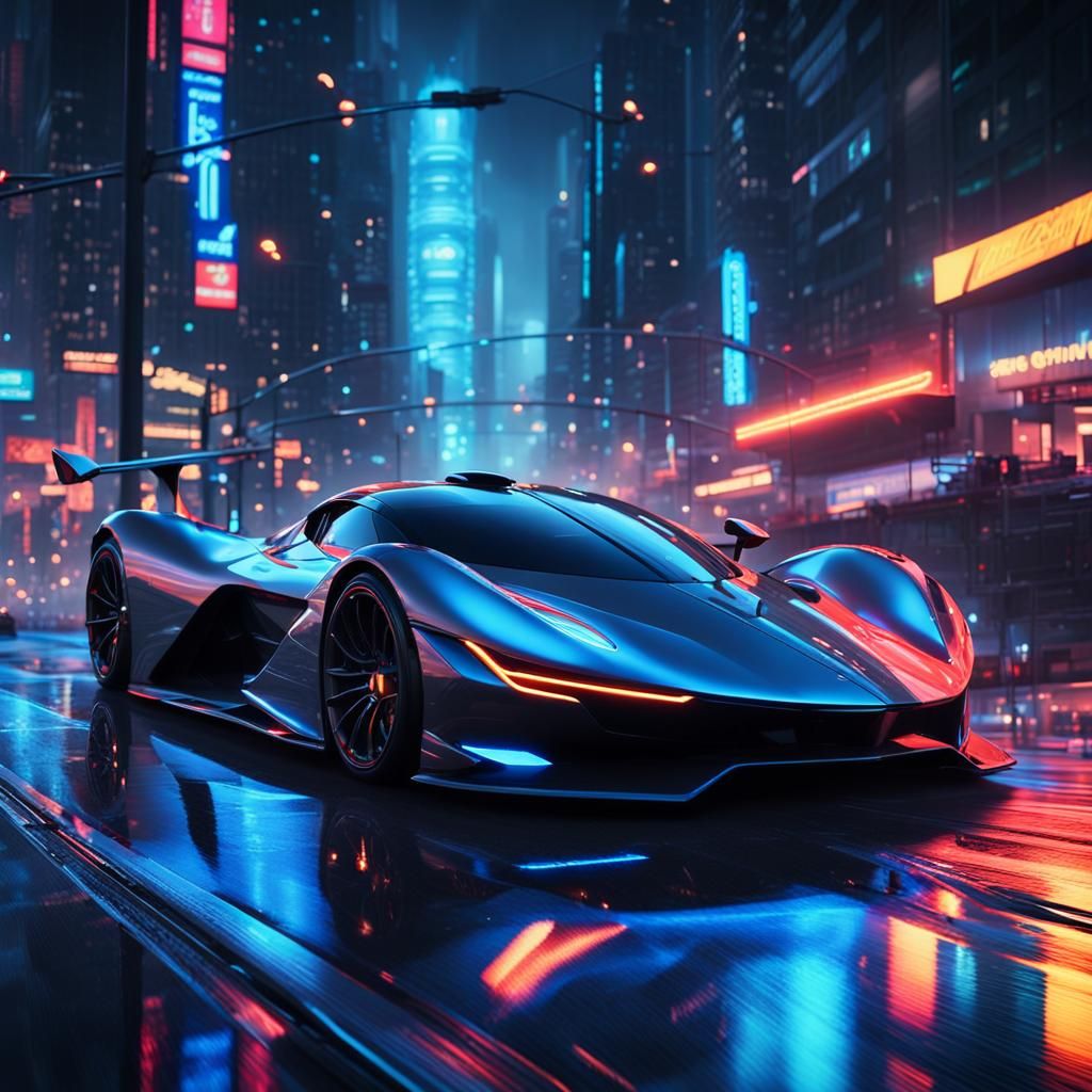 Sleek Hypercar Glides Through Neon Cityscape