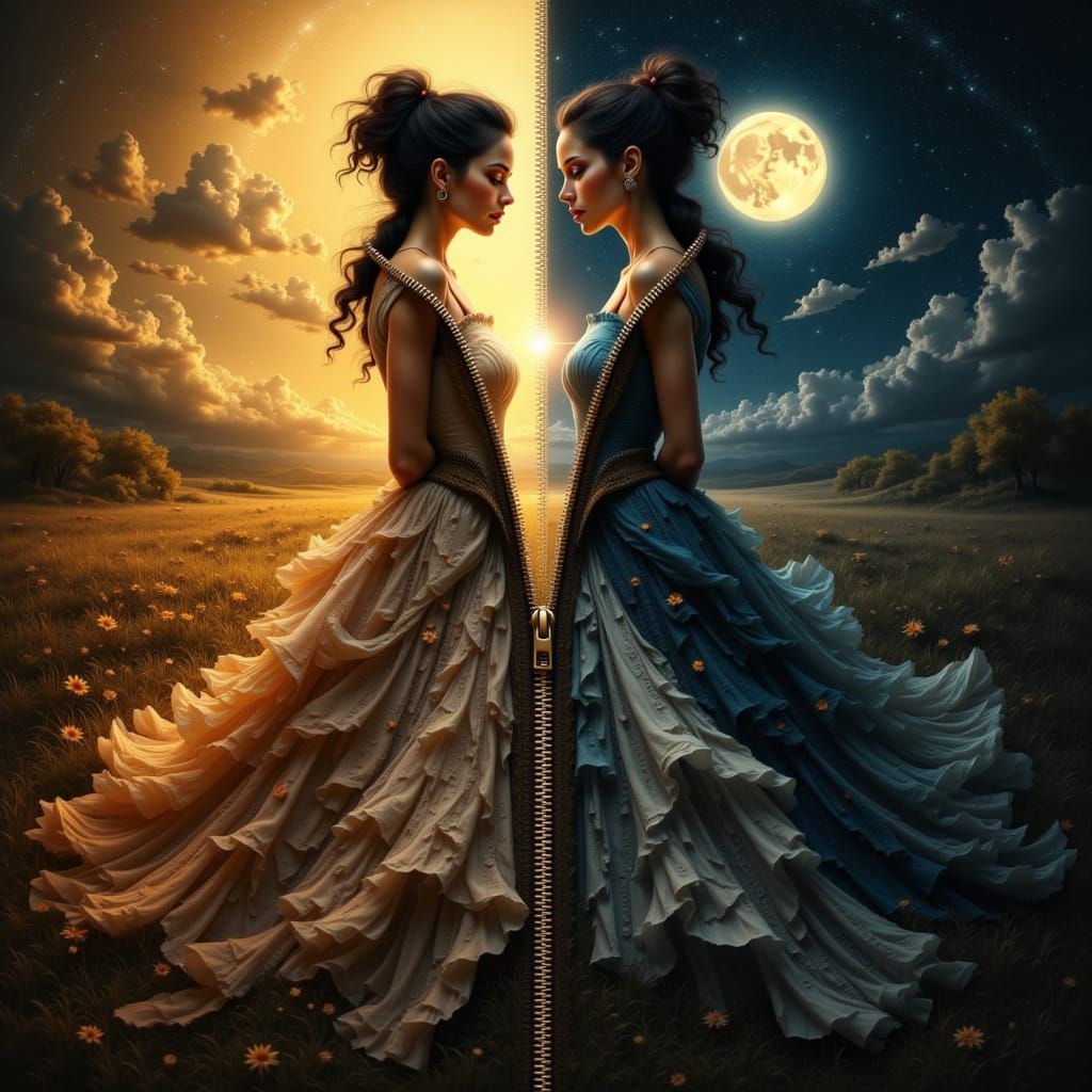 Victorian Woman Bisected by Day and Night