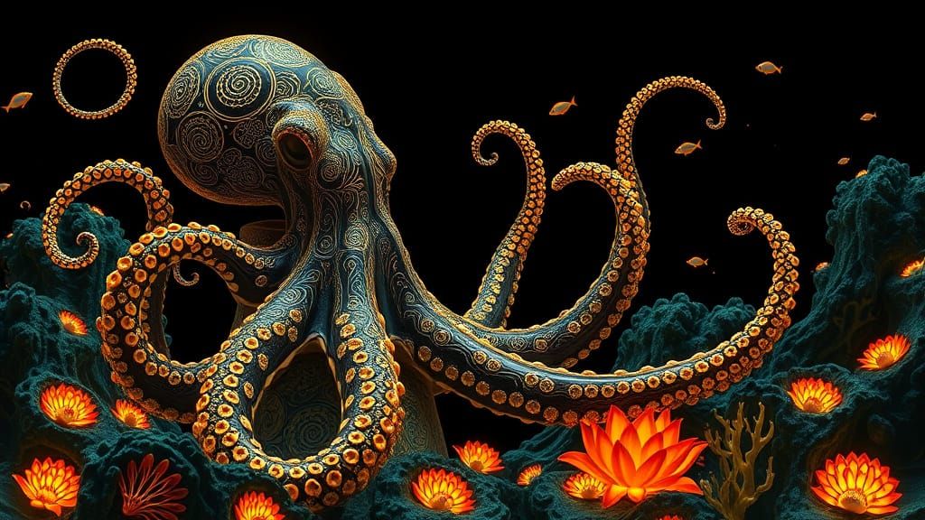 Neon Octopus Emerges from Vase in Kelp Forest