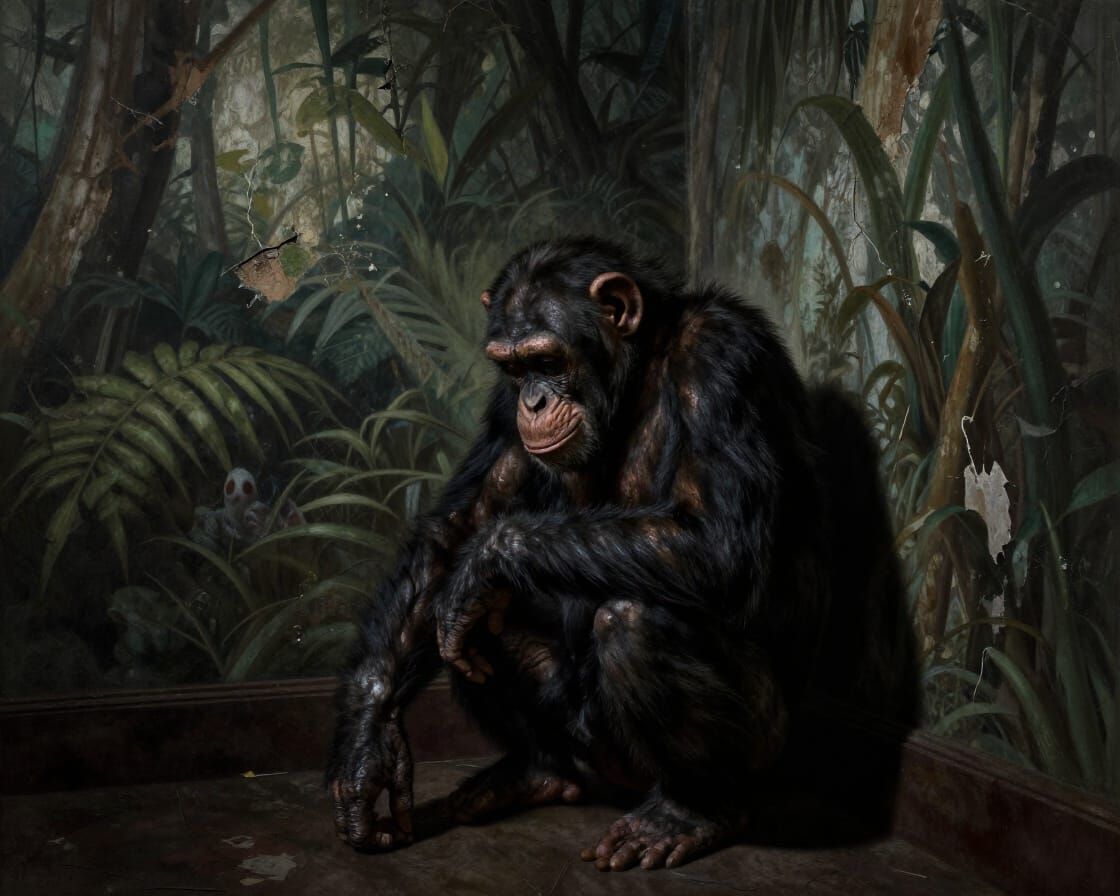 Shameful Chimpanzee in Shadowed Room