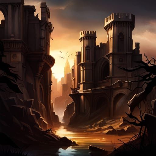 Dramatic Ruined Castle in Forest at Sunset