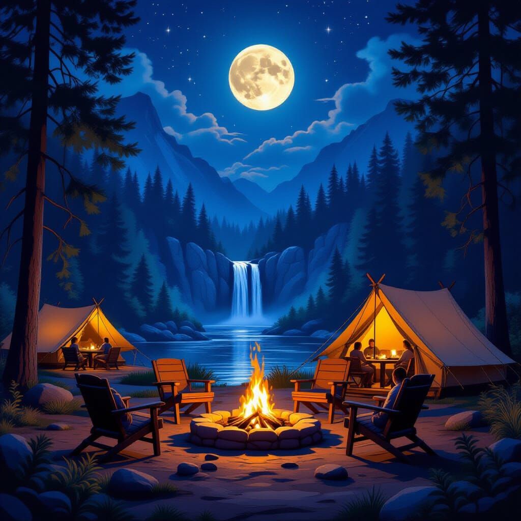 Magical Forest Camping Scene Under Full Moon