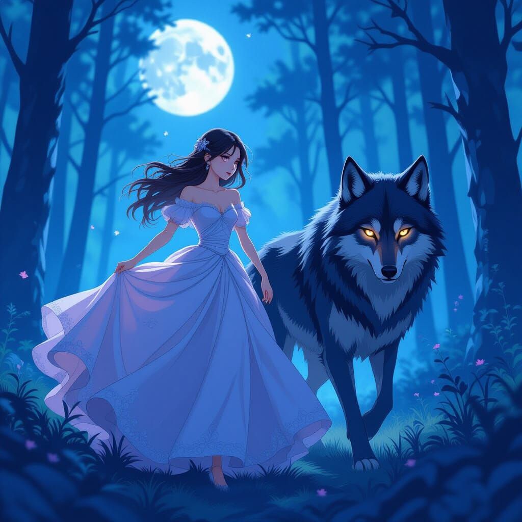 Woman Pursued by Human-Eyed Wolf in Mystical Forest
