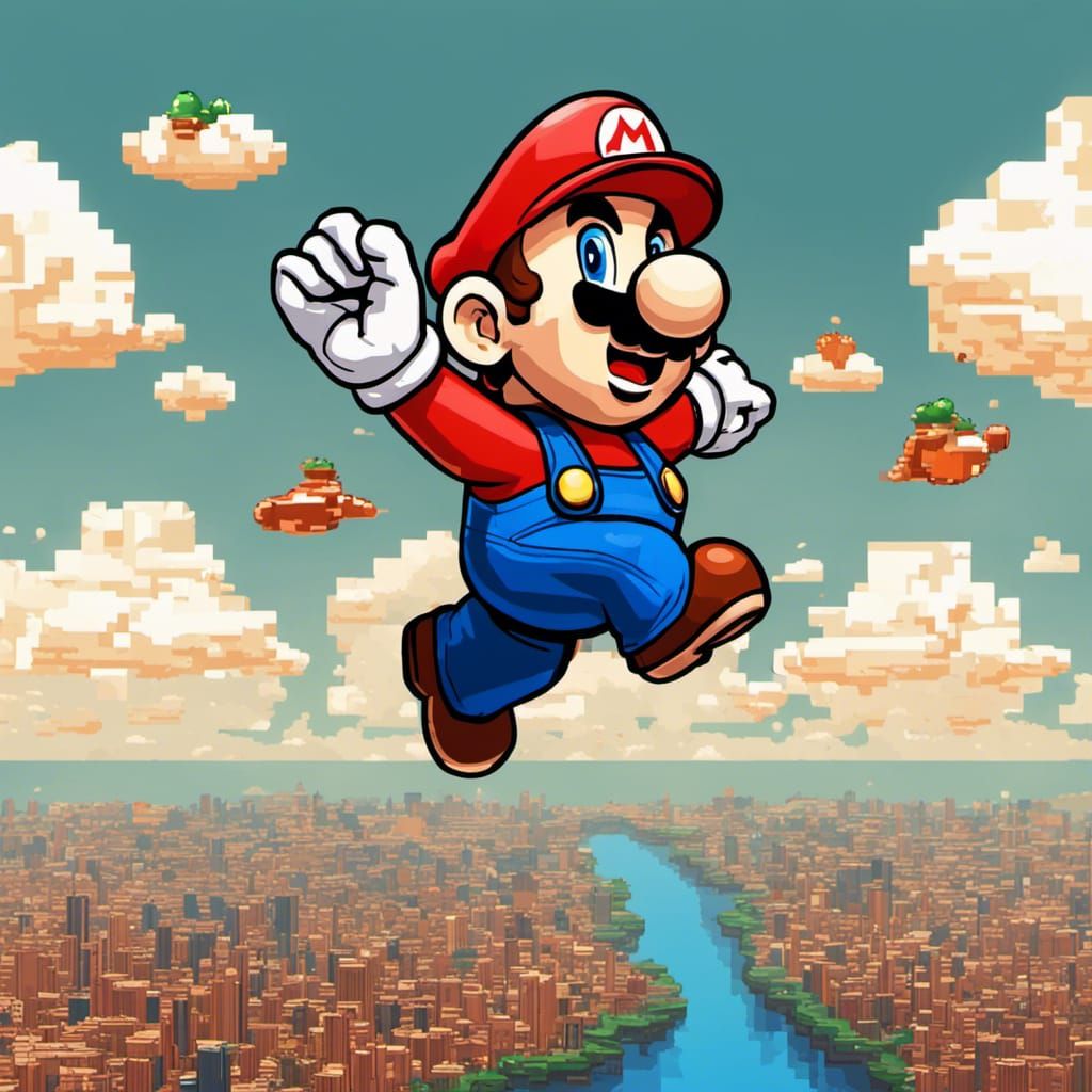 Super Mario Flying Over World in Pixel Art