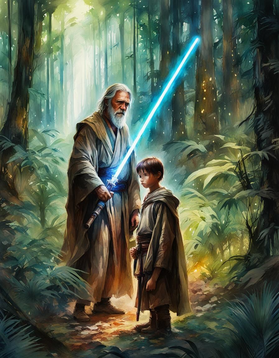 Jedi and Apprentice in Jungle, Digital Watercolor