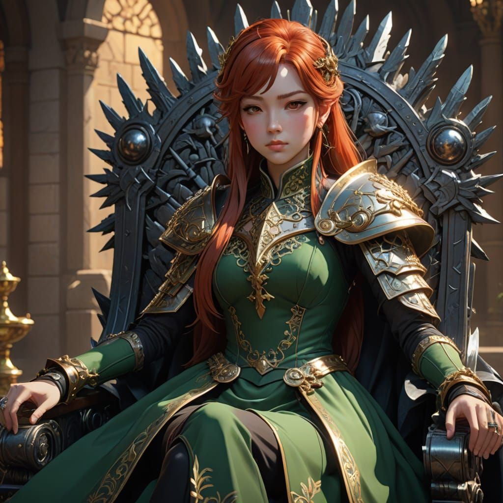 Anime Lady on Iron Throne in Hyperrealistic Style