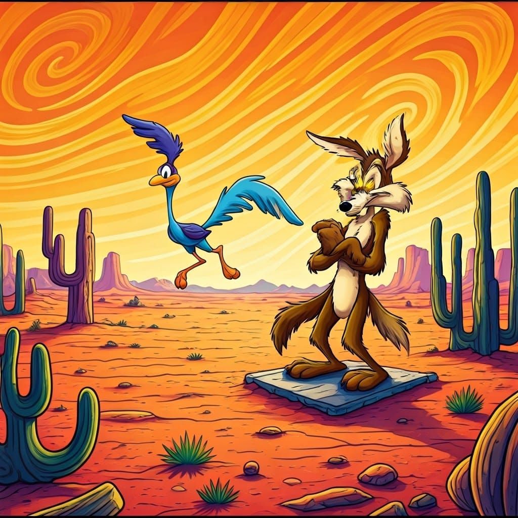 psychedelic Road Runner and Wile E Coyote from Looney Toons (c. WB)