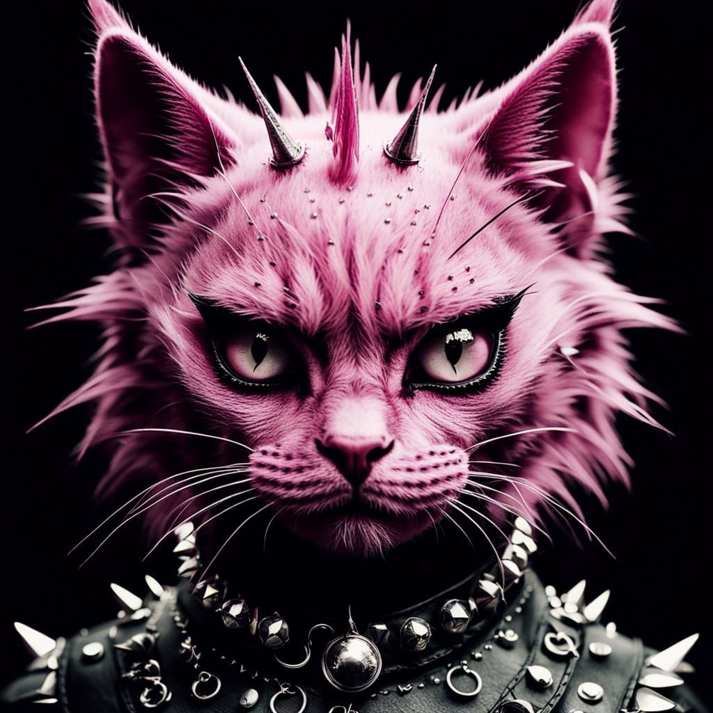 Gothic Pink Cat Portrait in High-Contrast Monochrome