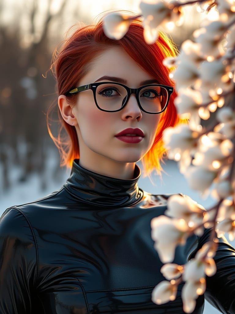 Fiery Haired Woman in Latex Amidst Winter Scenery