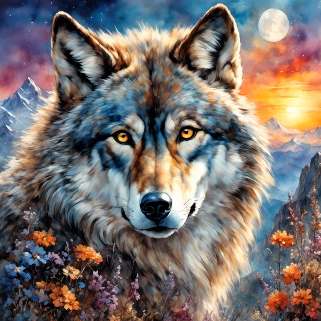 Gray Wolf Portrait with Prismatic Eyes