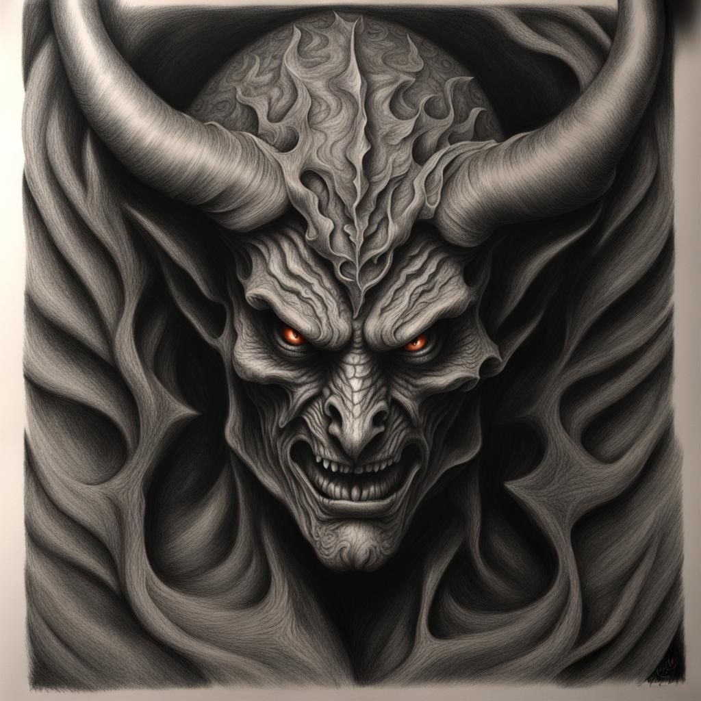 Hyperdetailed Charcoal Drawing of a Demon
