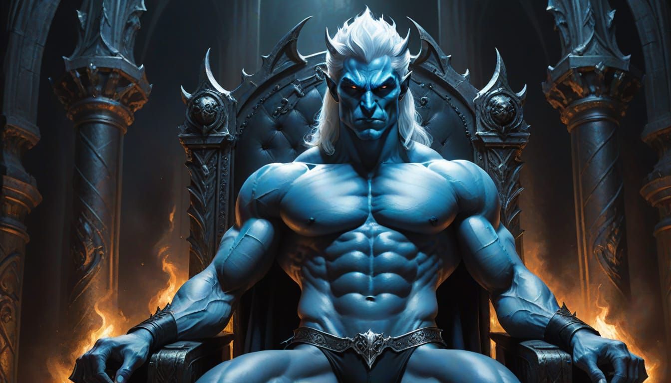 Blue Demon on Gothic Throne: Dark Fantasy Art