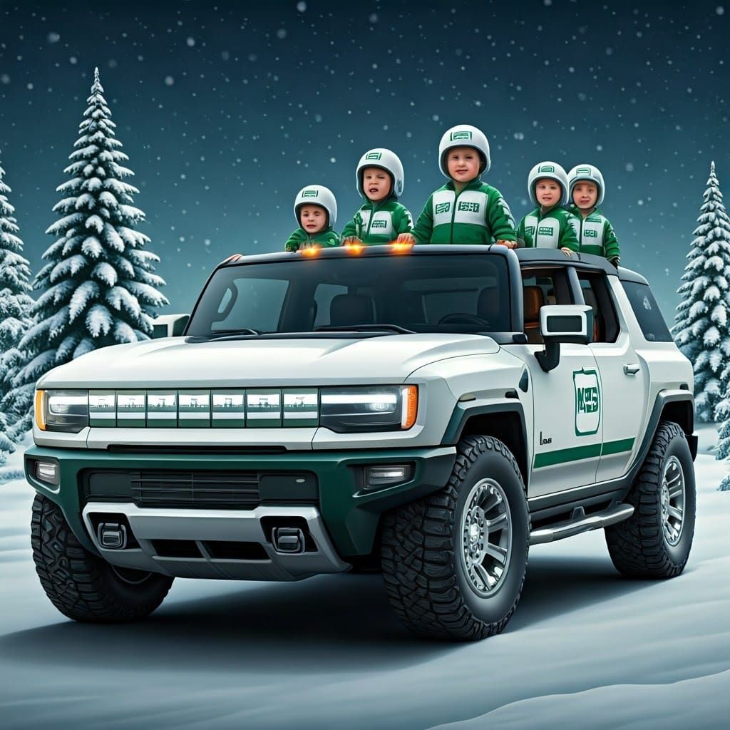 Classic American Christmas Scene with Hummer EV and Kids in ...