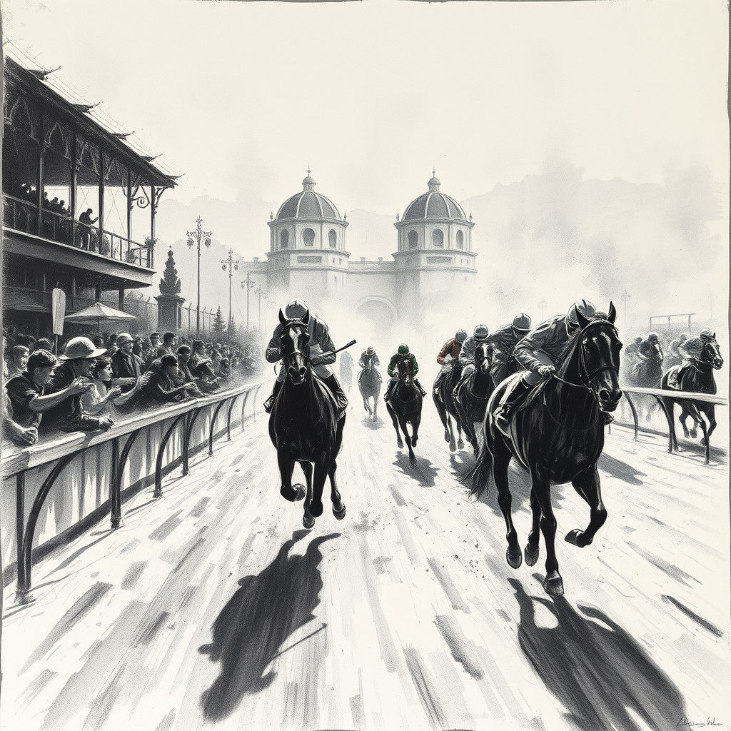 Dramatic Horse Race in Charcoal Drawing Style
