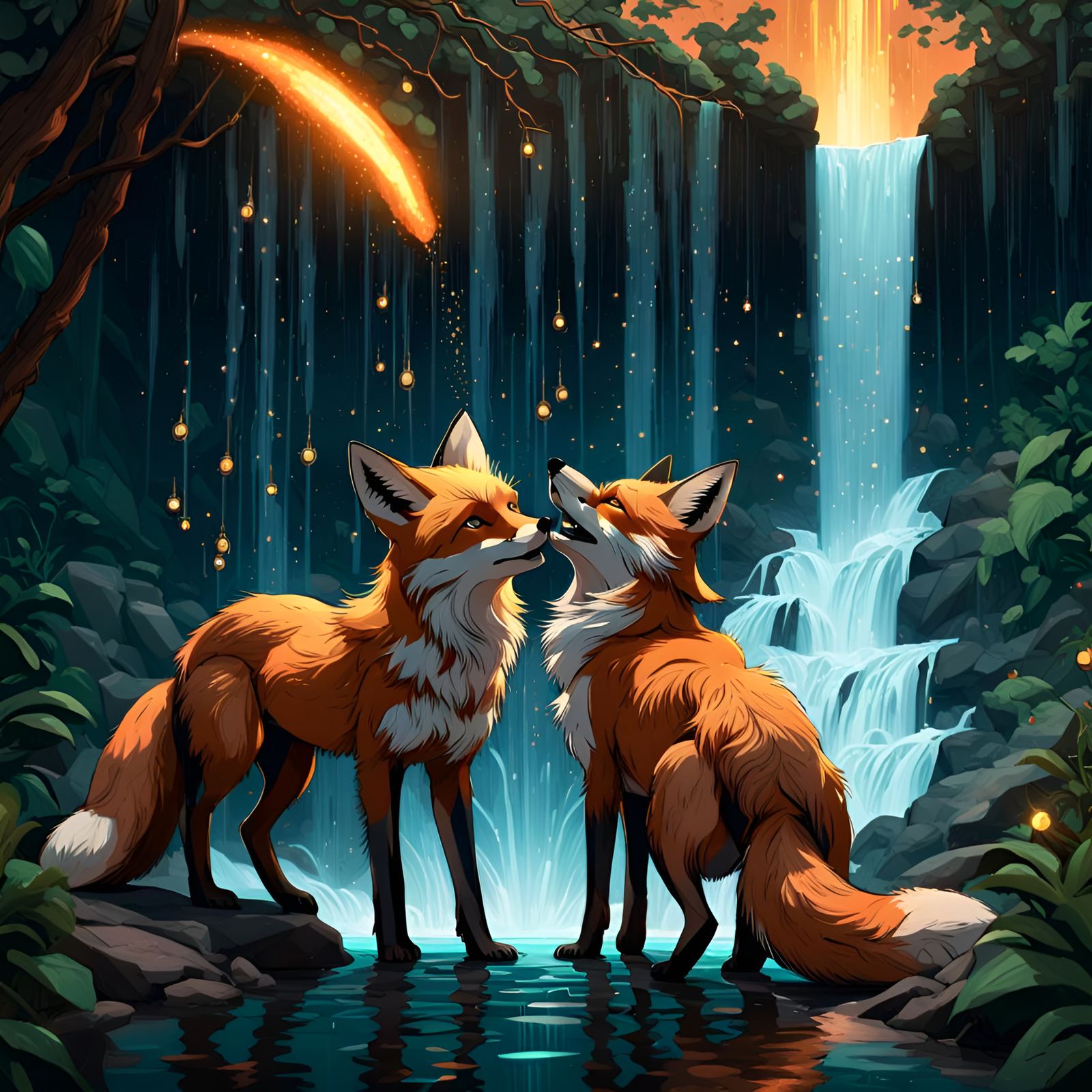 Foxes Meet by Waterfall, Hyperdetailed Concept Art