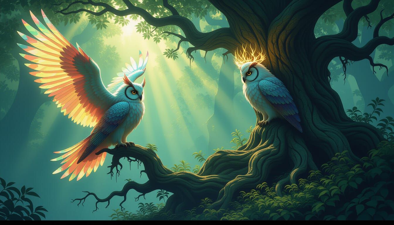 Owl Dragon Hybrid with Glowing Thorns on Ancient Tree