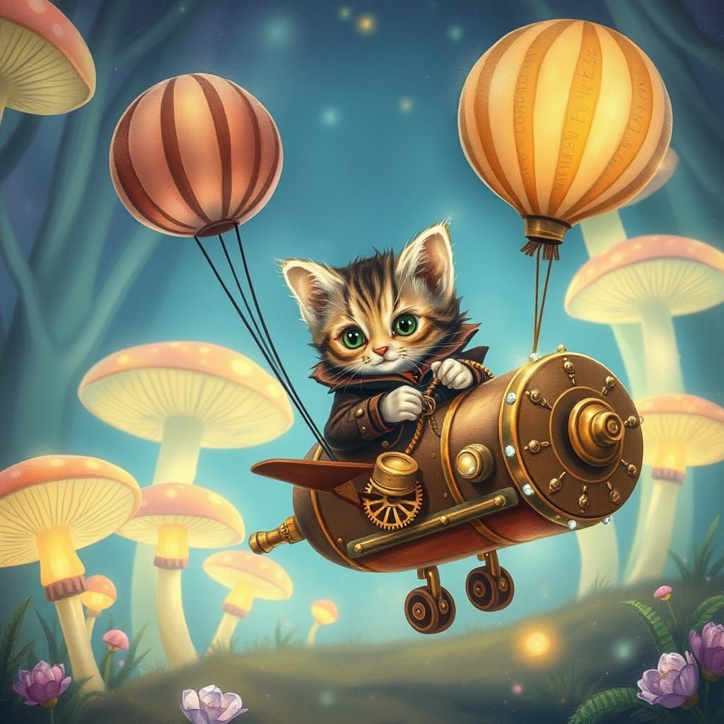 Kitten Pilots Steampunk Airship Through Bioluminescent Fores...